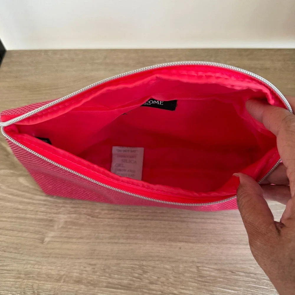 Lancome Paris Pink Textured Woven Cosmetic Makeup Bag Asymmetric Zip‎ Pouch
